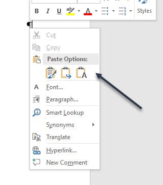با راست کلیک در هر جای صفحه ورد با این گزینه ها روبرو می شوید